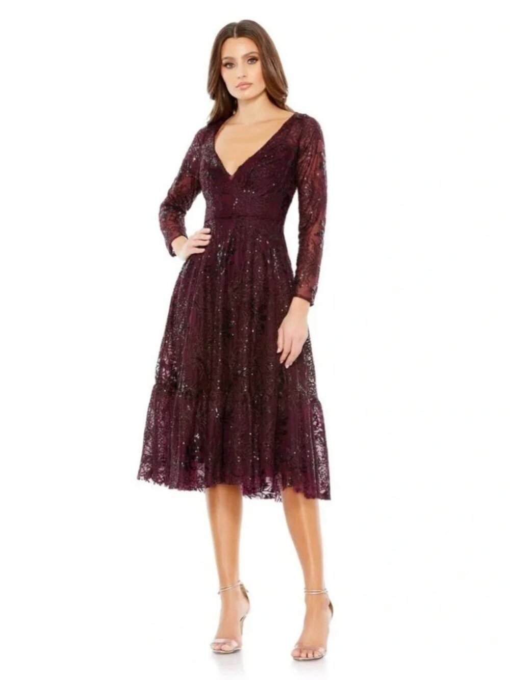 NWT Mac Duggal 68001 Wine Sequin Lace Midi Dress Size 8